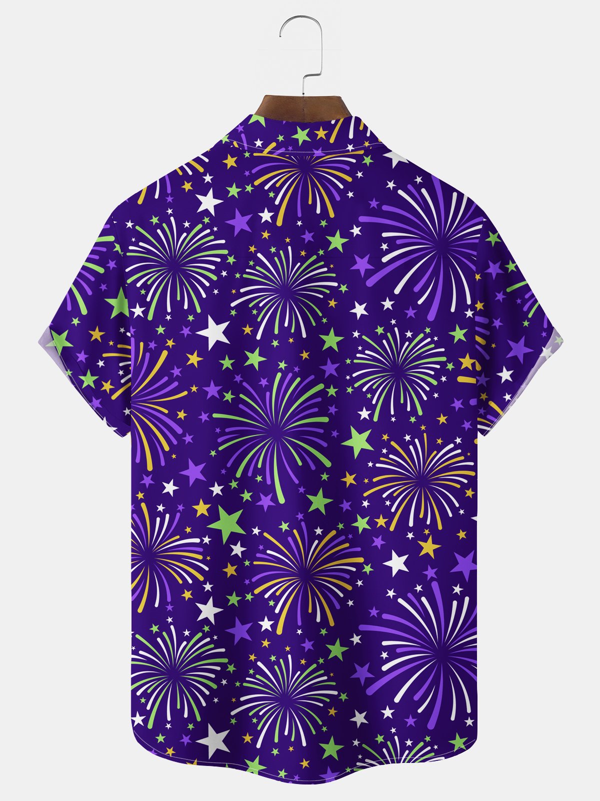 Royaura® Mardi Gras Fireworks Print Men's Chest Pocket Stretch Hawaiian Shirt Big Tall