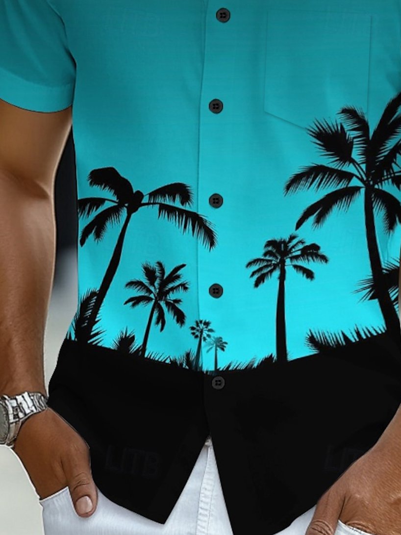 Royaura® Beach Resort Men's Hawaiian Shirt Coconut Tree Gradient Print Pocket Camping Shirt Big Tall