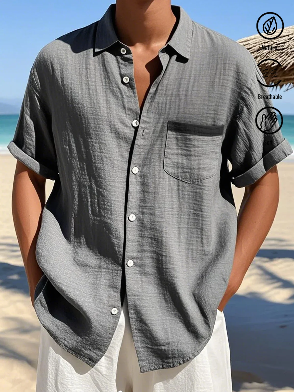 Royaura® Bamboo Linen Plain Basic Printed Men's Button Pocket Short Sleeve Shirt Big & Tall