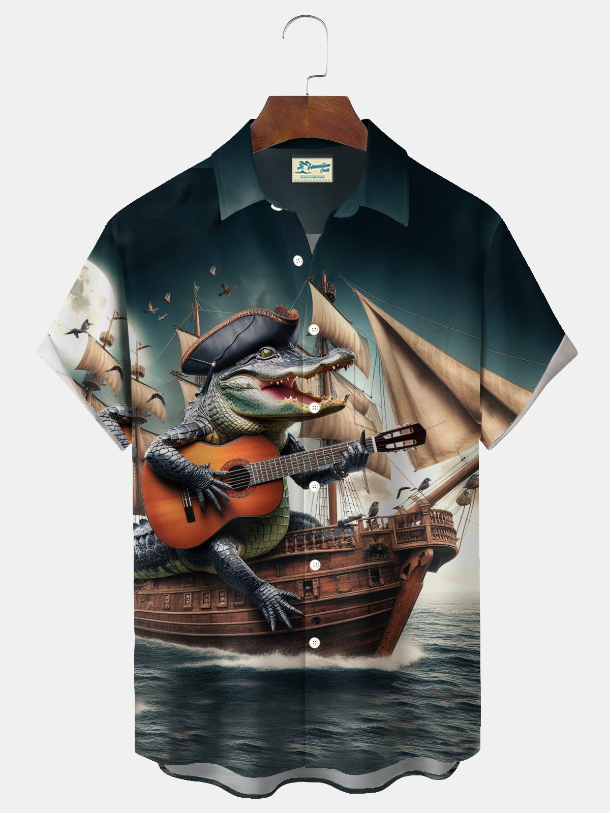 Royaura® Retro Music Pirate Ship Crocodile Print Men's Button Pocket Short Sleeve Shirt Big & Tall