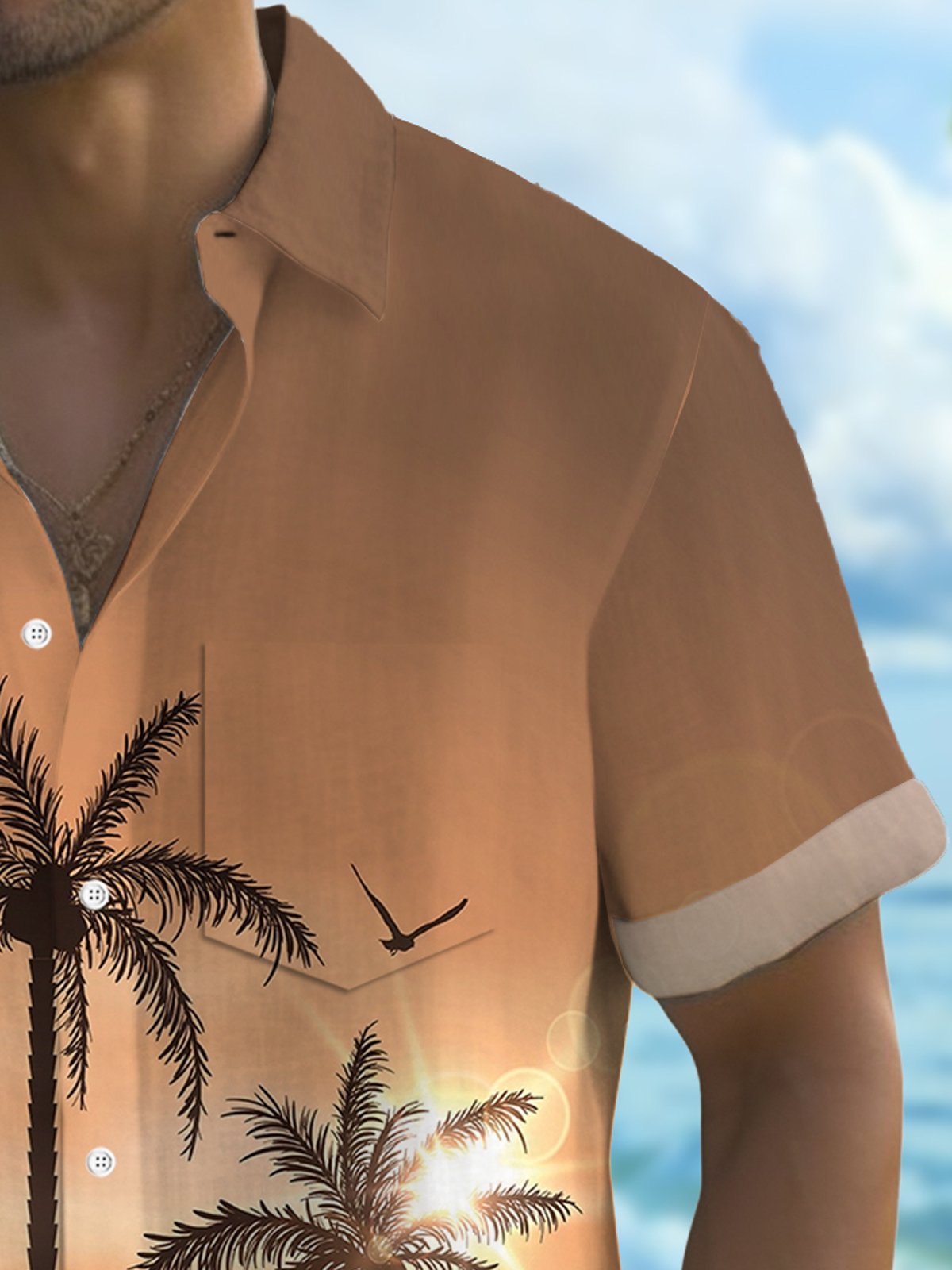 Royaura® Hawaiian Coconut Tree Gradient Print Men's Button Pocket Short Sleeve Shirt Big & Tall