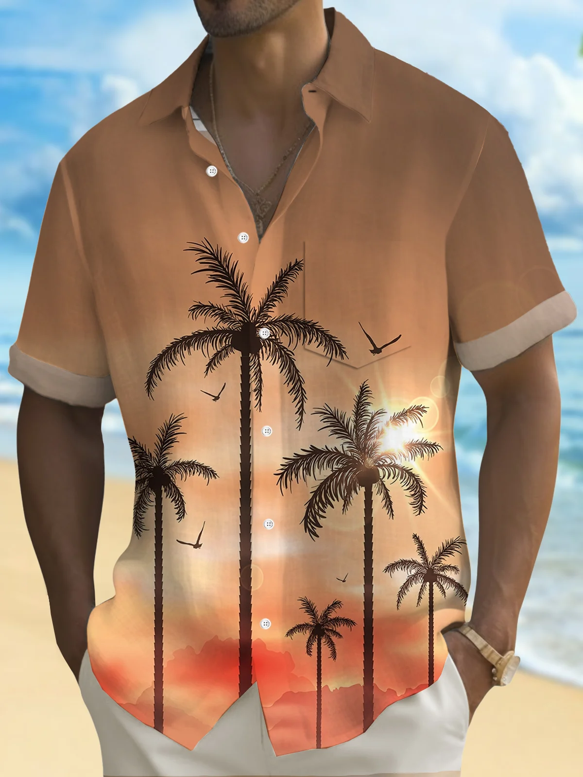 Royaura® Hawaiian Coconut Tree Gradient Print Men's Button Pocket Short Sleeve Shirt Big & Tall