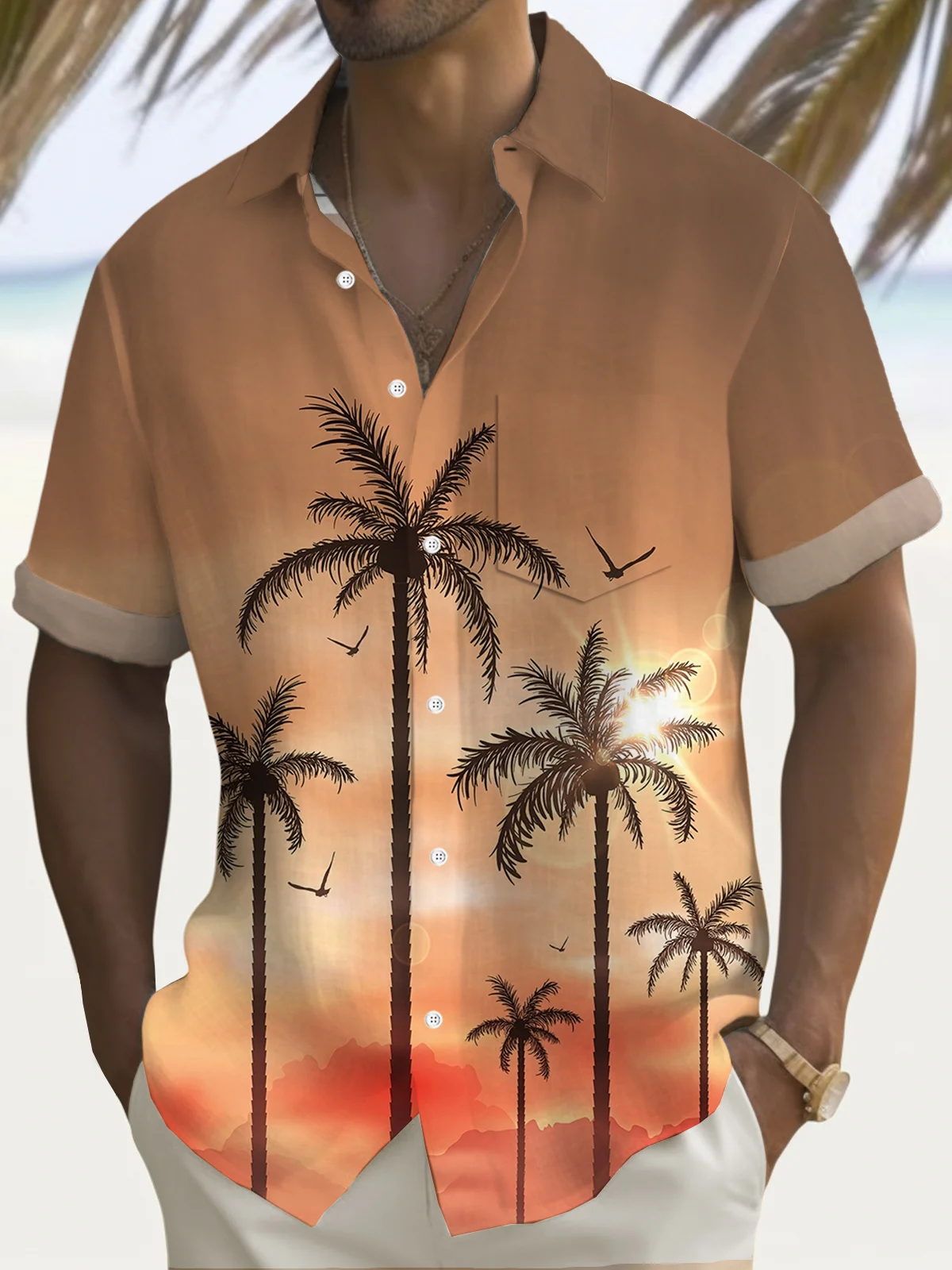 Royaura® Hawaiian Coconut Tree Gradient Print Men's Button Pocket Short Sleeve Shirt Big & Tall