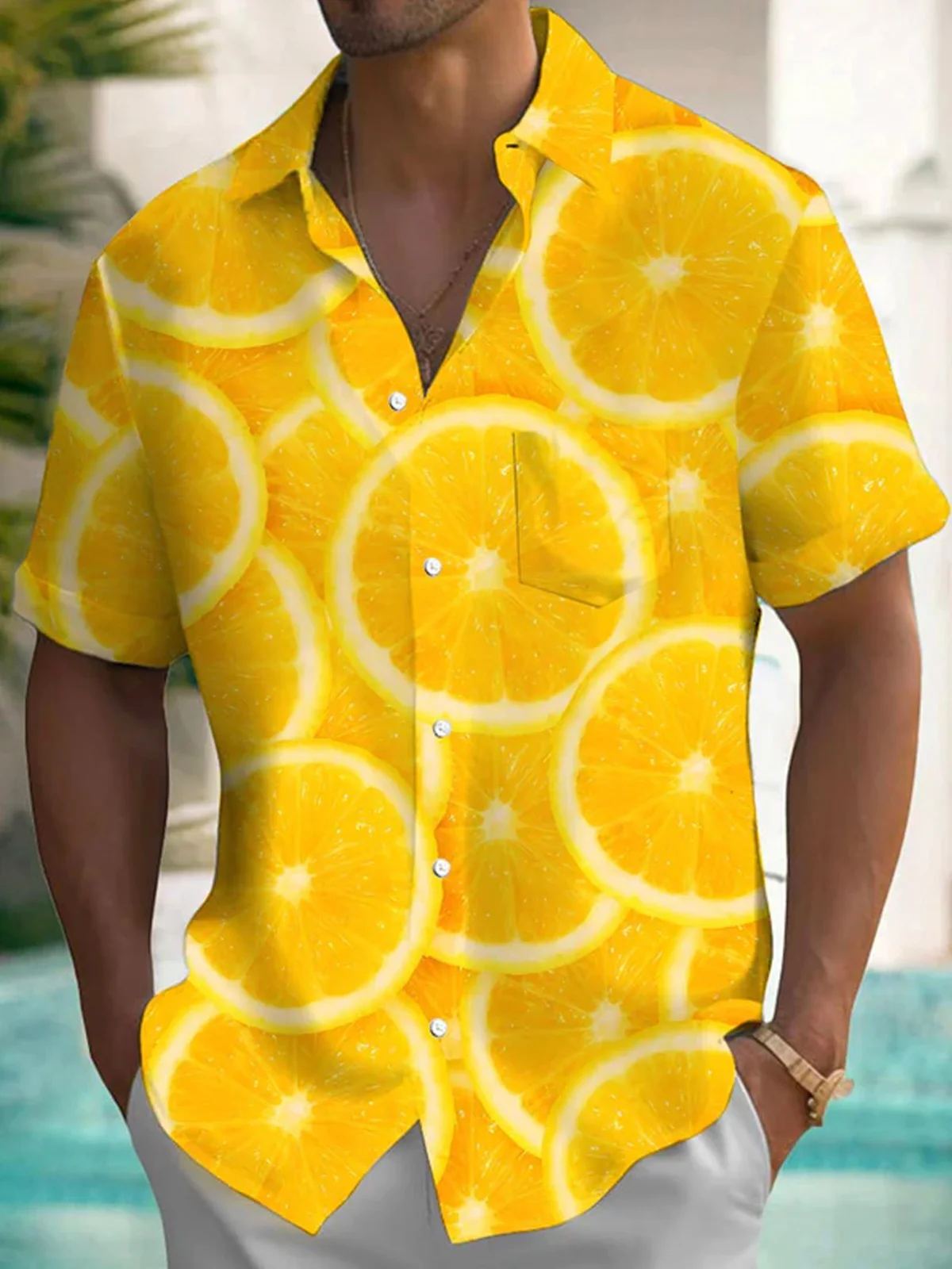 Royaura® Hawaiian Lemon Print Mens Button Pocket Short Sleeve Shirt  Big & Tall