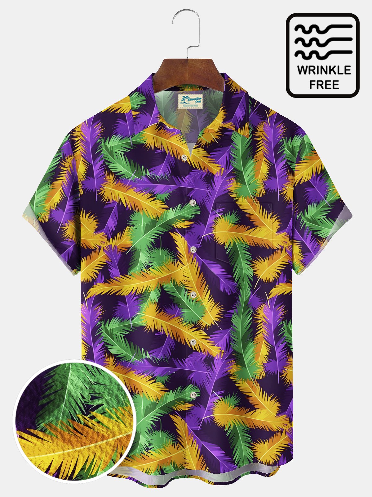 Royaura® Mardi Gras Feather Print Men's Wrinkle Free Seersucker Hawaiian Shirt Big Tall