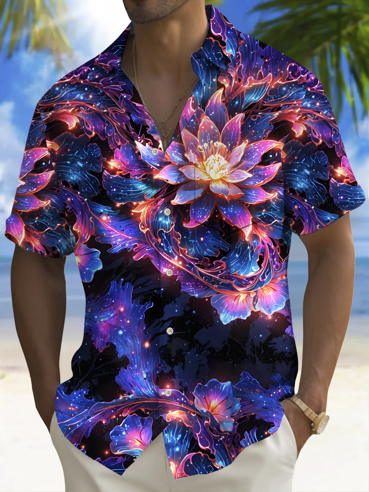 Royaura® Beach Resort Men's Hawaiian Shirt Flowers Print Pocket Camping Shirt Big Tall