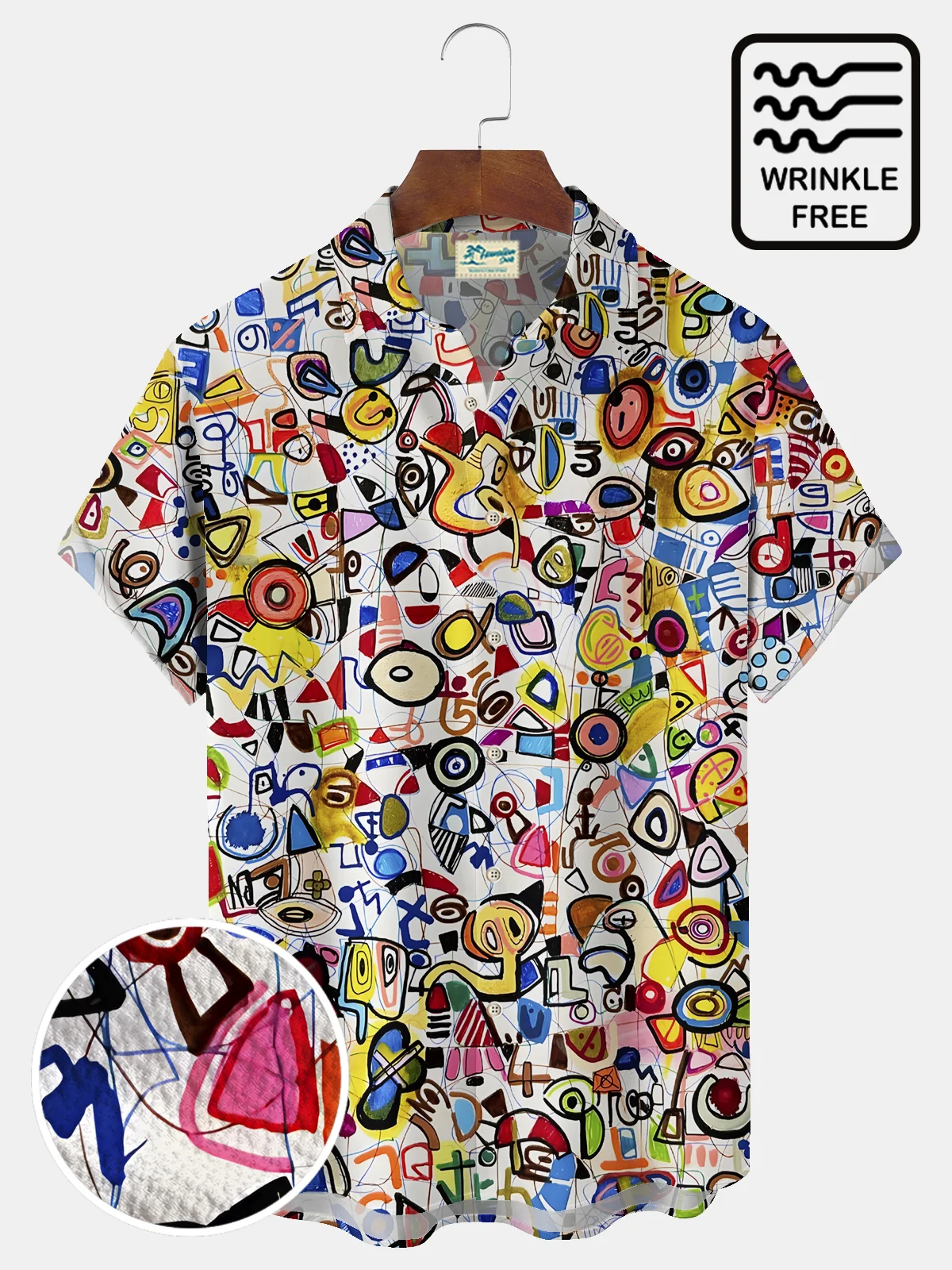 Royaura® Vintage Geometric Cartoon Print Men's Wrinkle Free Seersucker Hawaiian Shirt Big Tall