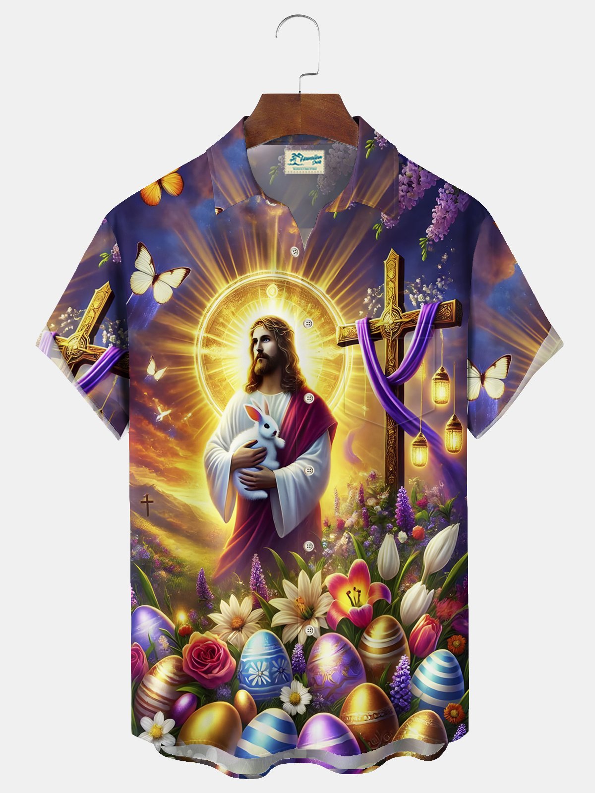 Royaura® Easter Jesus Cross Print Men's Chest Pocket Stretch Hawaiian Shirt Big Tall