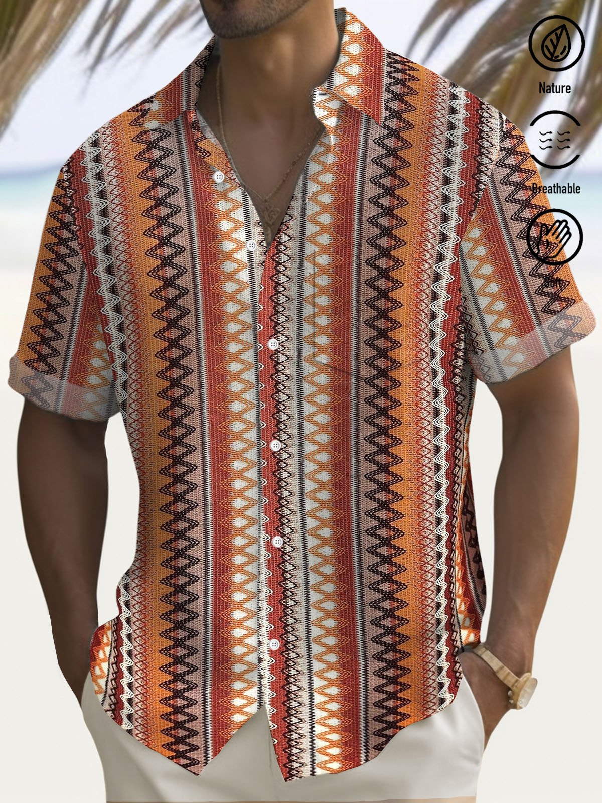 Royaura® Retro Western Ethnic Geometric Print Men's Button Pocket Short Sleeve Shirt Big & Tall