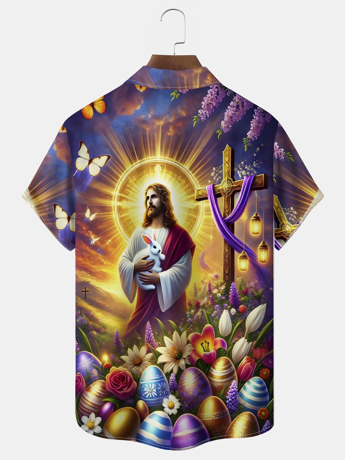 Royaura® Easter Jesus Cross Print Men's Chest Pocket Stretch Hawaiian Shirt Big Tall