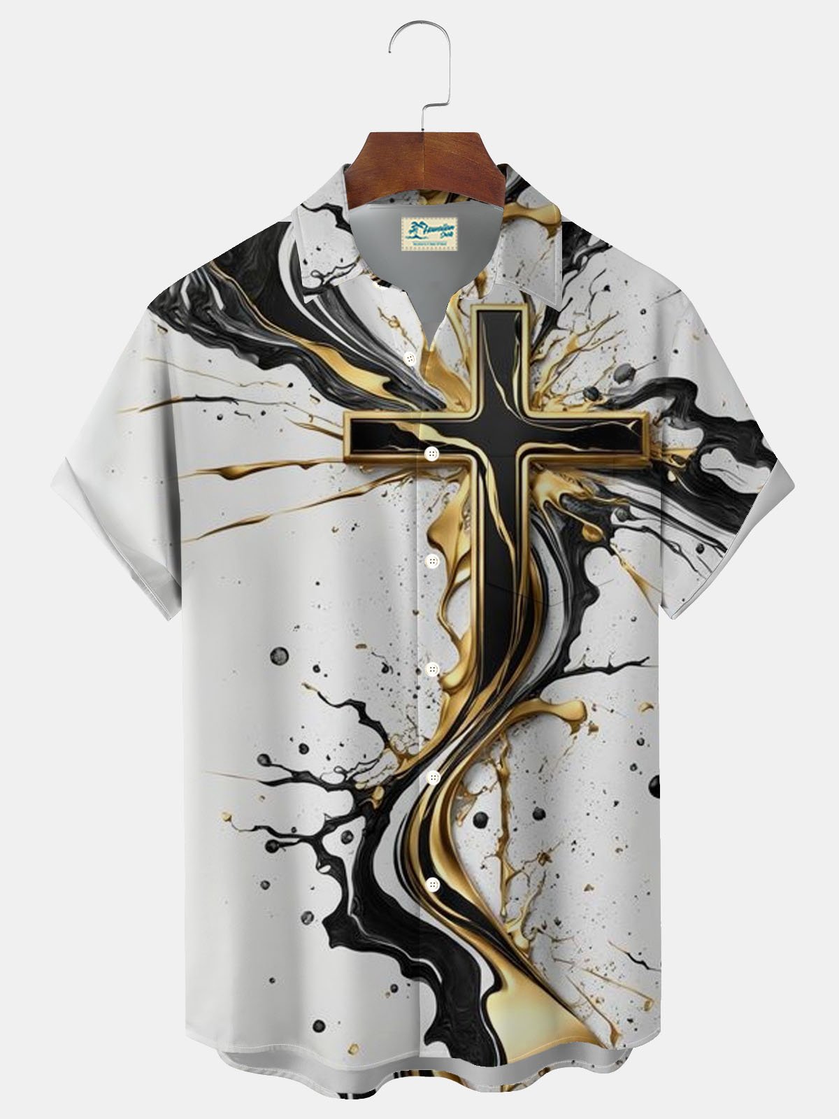 Royaura® Easter Cross Gradient Print Men's Button Pocket Short Sleeve Shirt Big & Tall