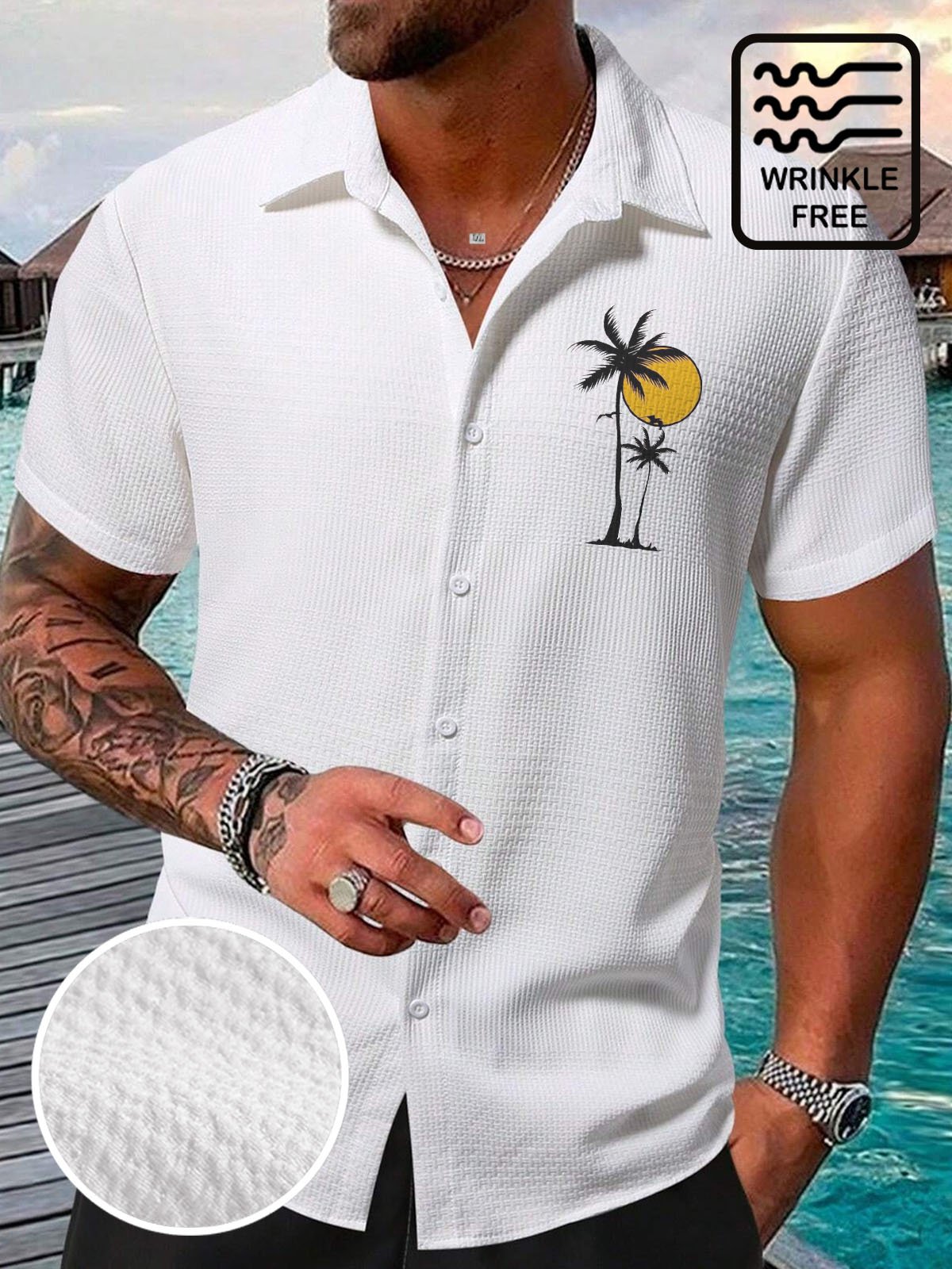 Royaura® Hawaiian Coconut Tree Seersucker Print Men's Button Pocket Short Sleeve Shirt Big & Tall