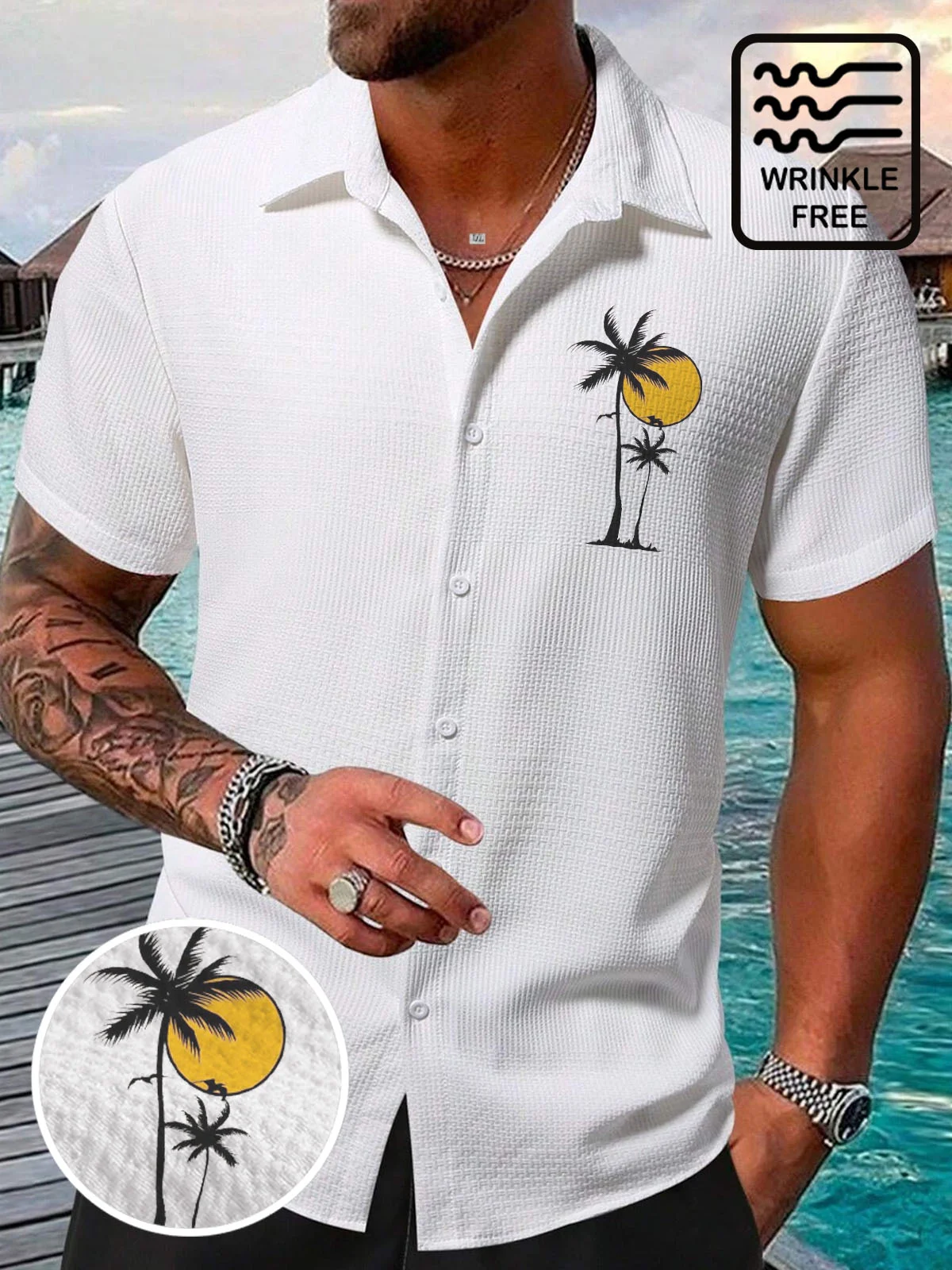 Royaura® Hawaiian Coconut Tree Seersucker Print Men's Button Pocket Short Sleeve Shirt Big & Tall