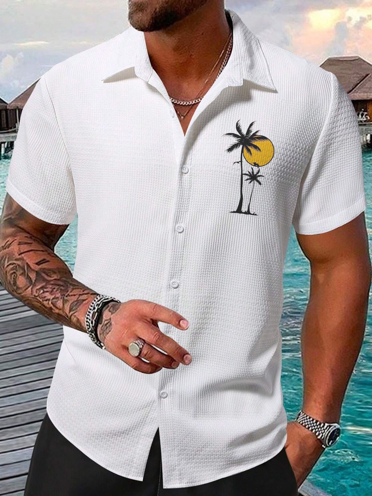 Royaura® Hawaiian Coconut Tree Seersucker Print Men's Button Pocket Short Sleeve Shirt Big & Tall