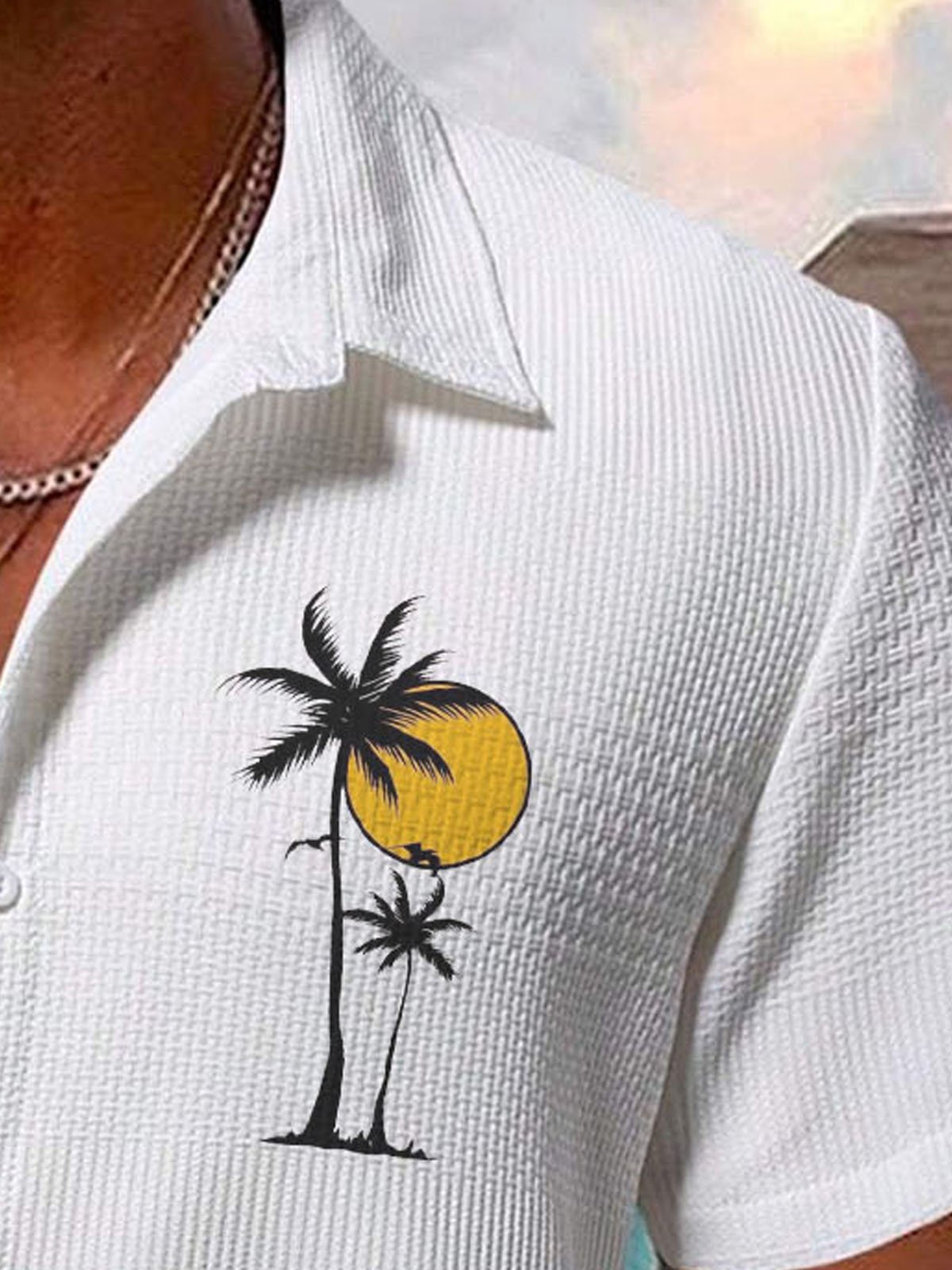 Royaura® Hawaiian Coconut Tree Seersucker Print Men's Button Pocket Short Sleeve Shirt Big & Tall