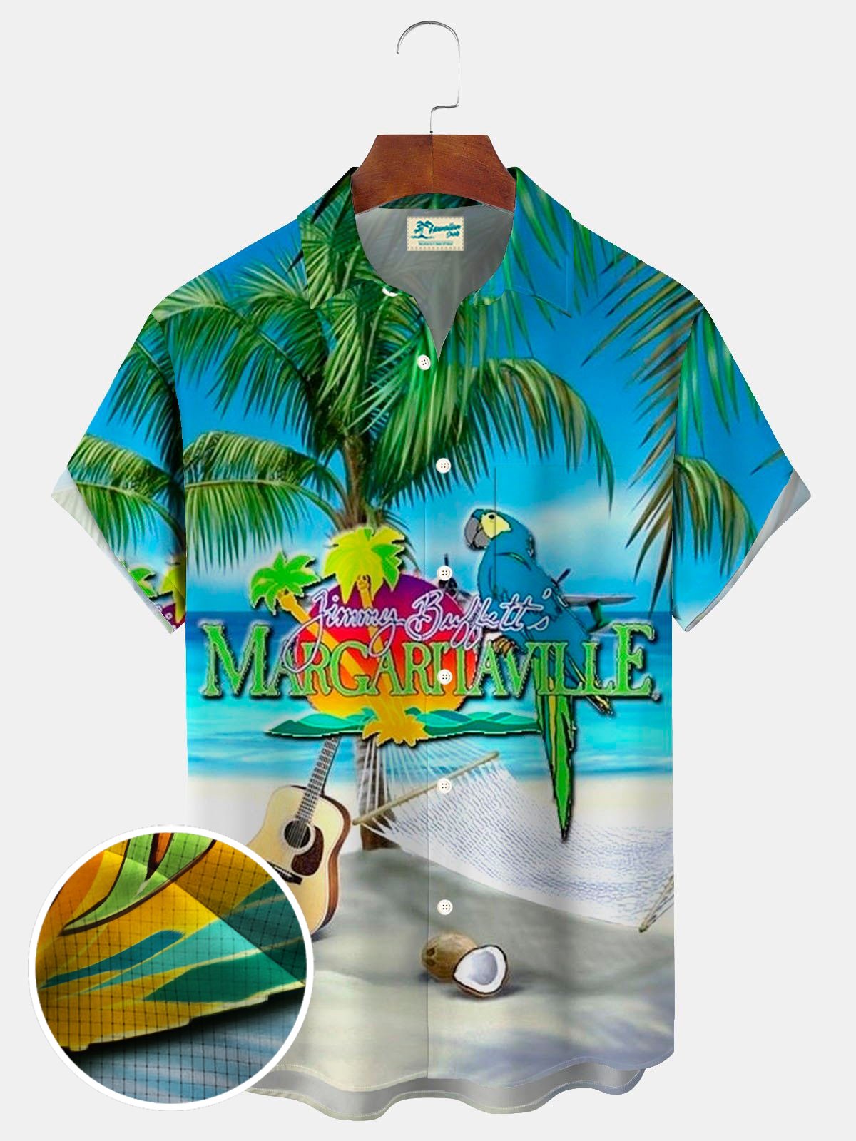 Royaura® Hawaiian Parrot Guitar Print Upgraded Cooling Mesh Fabric: Enhanced Breathability and Ice-Cool Comfort Men's Button Pocket Short Sleeve Shirt Big Tall