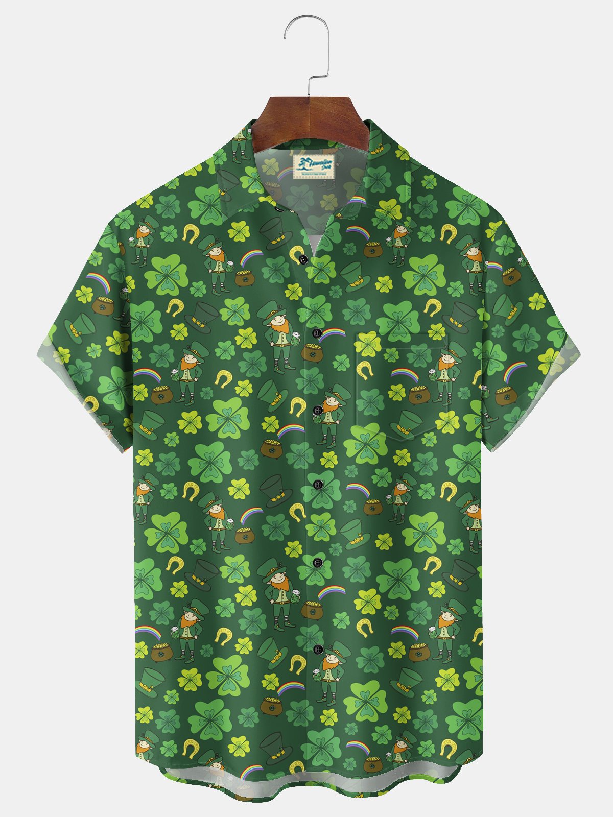 Royaura® St. Patrick's Day Irish Shamrock Cartoon Lucky Print Men's Chest Pocket Stretch Hawaiian Shirt Big Tall