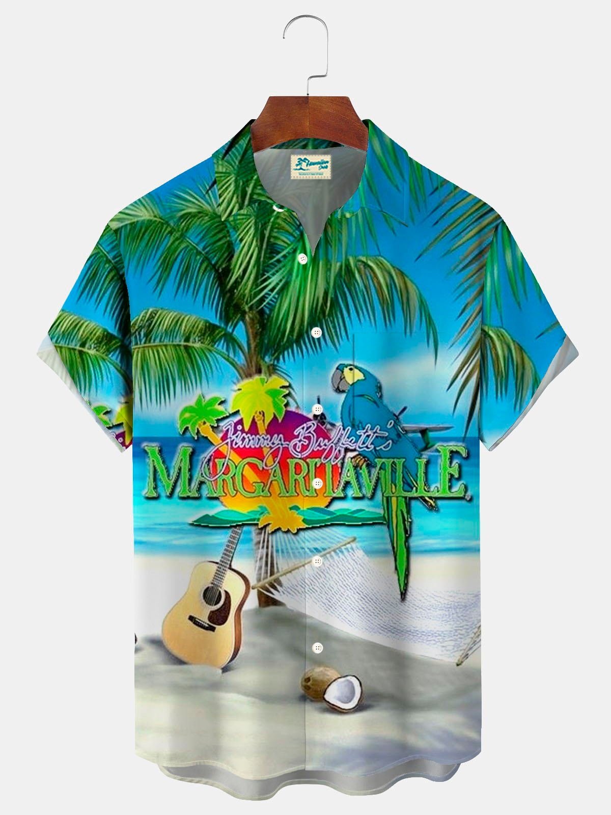 Royaura® Hawaiian Parrot Guitar Print Upgraded Cooling Mesh Fabric: Enhanced Breathability and Ice-Cool Comfort Men's Button Pocket Short Sleeve Shirt Big Tall