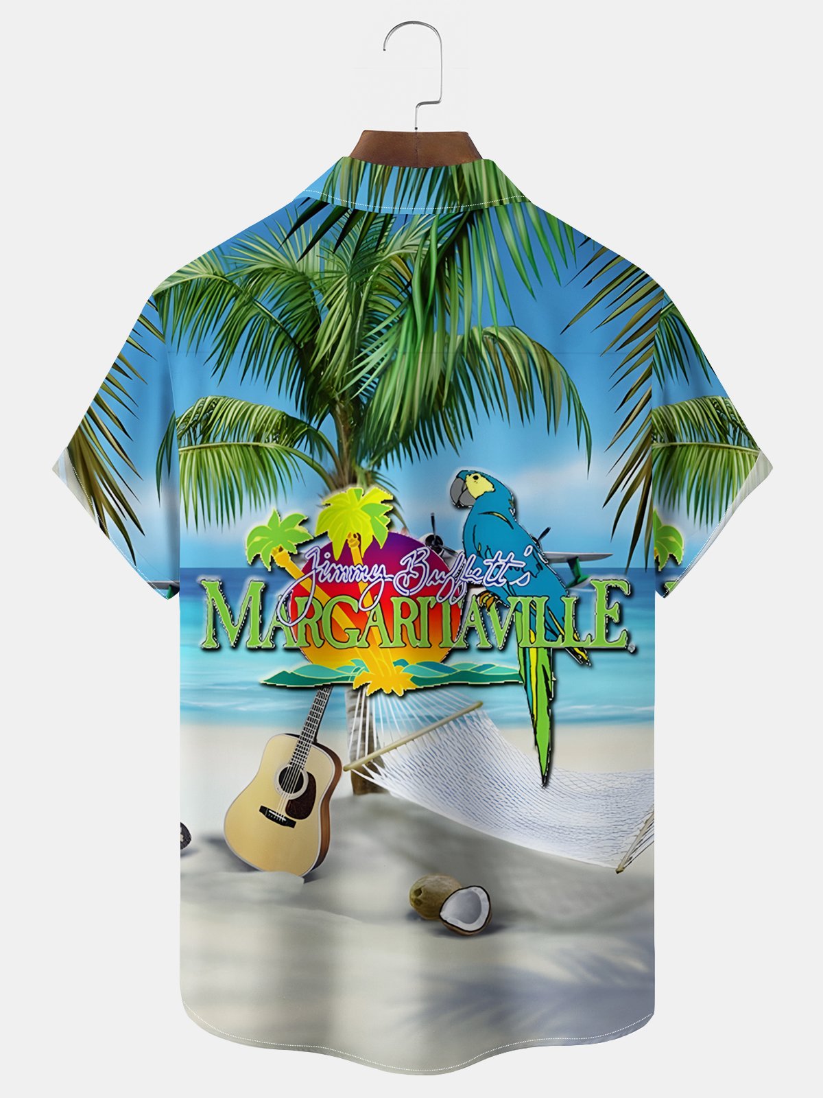 Royaura® Hawaiian Parrot Guitar Print Upgraded Cooling Mesh Fabric: Enhanced Breathability and Ice-Cool Comfort Men's Button Pocket Short Sleeve Shirt Big Tall