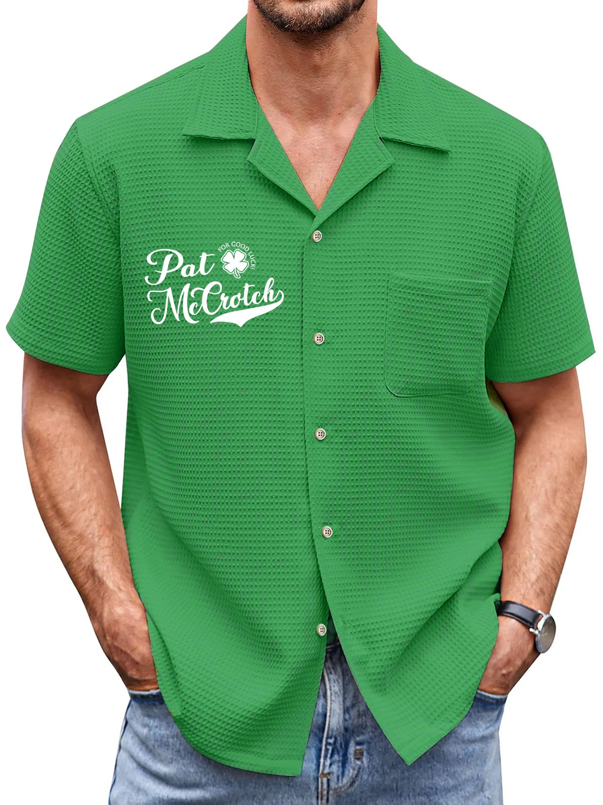 Royaura® St. Patrick's Day Irish Shamrock Pat McCrotch Lucky Print Men's Chest Pocket Stretch Hawaiian Shirt Big Tall