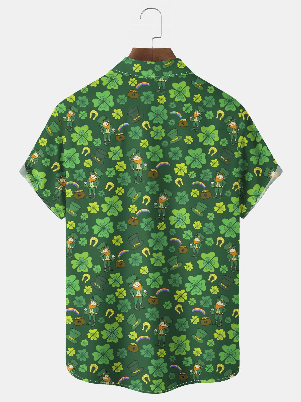 Royaura® St. Patrick's Day Irish Shamrock Cartoon Lucky Print Men's Chest Pocket Stretch Hawaiian Shirt Big Tall