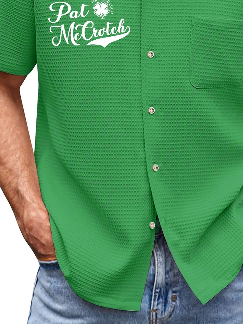 Royaura® St. Patrick's Day Irish Shamrock Pat McCrotch Lucky Print Men's Chest Pocket Stretch Hawaiian Shirt Big Tall