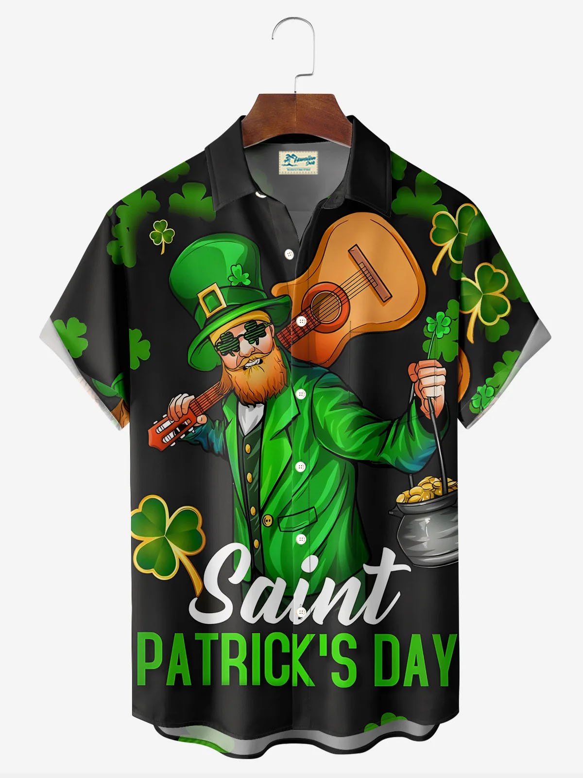 Royaura® St. Patrick's Day Music Print Men's Button Pocket Short Sleeve Shirt Big & Tall