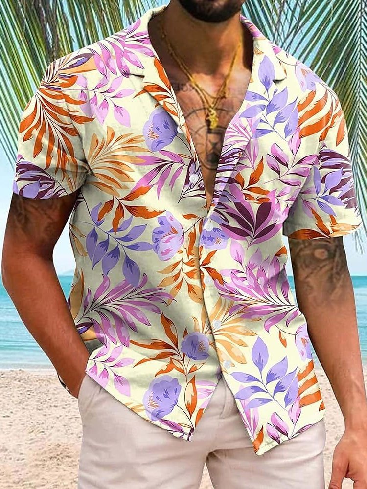 Royaura® Beach Resort Men's Hawaiian Shirt Plant Leaves Print Bagless Camping Cuban Collar Shirt Big Tall