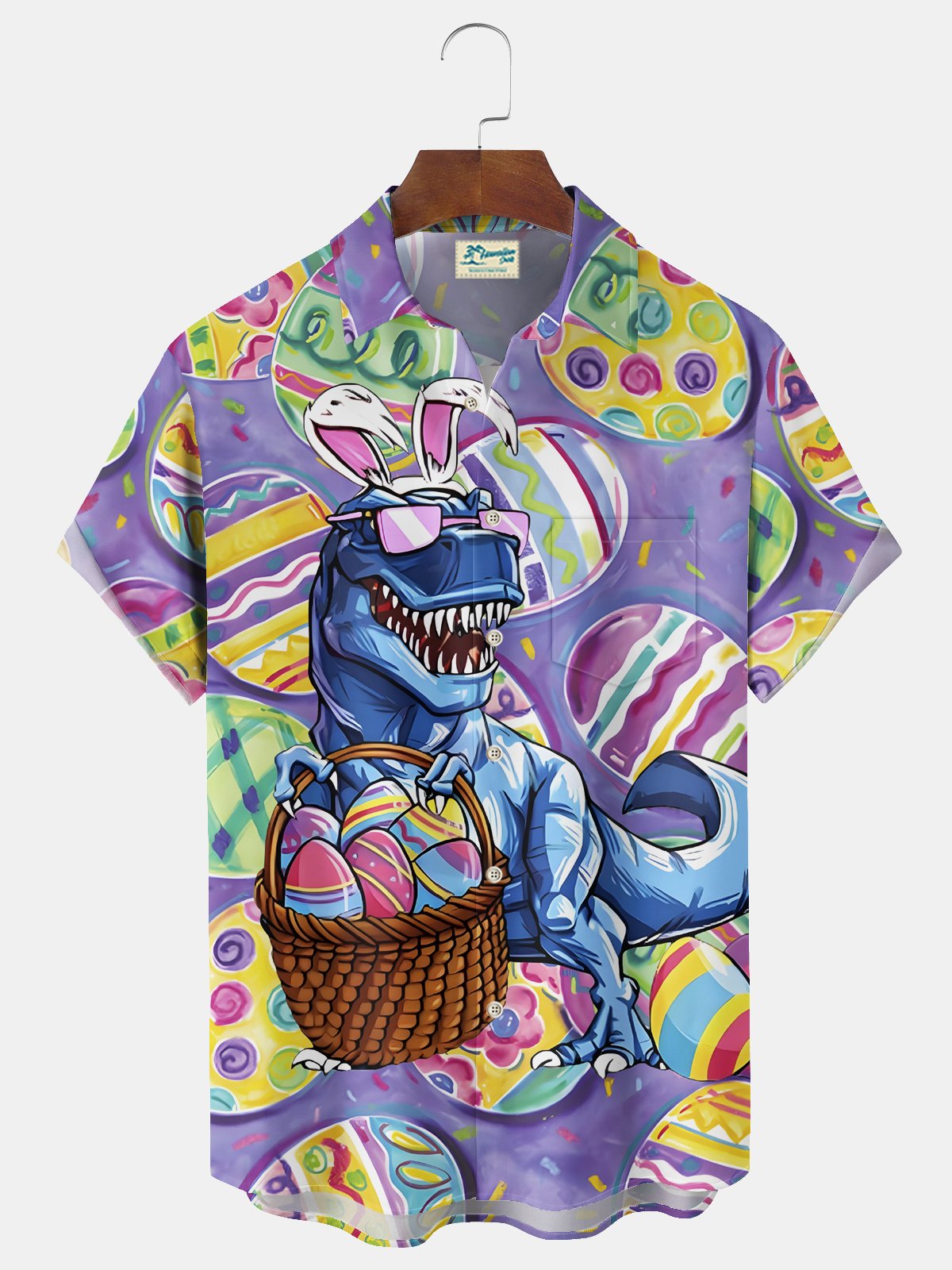 Royaura® Easter Dinosaur Eggs Print Men's Chest Pocket Stretch Hawaiian Holiday Shirt Costumes Outfits Big Tall