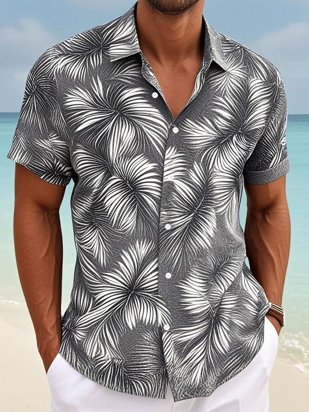 Royaura® Bamboo Hemp Palm Tree Plant Leaf Print Men's Button Pocket Short Sleeve Shirt Big & Tall