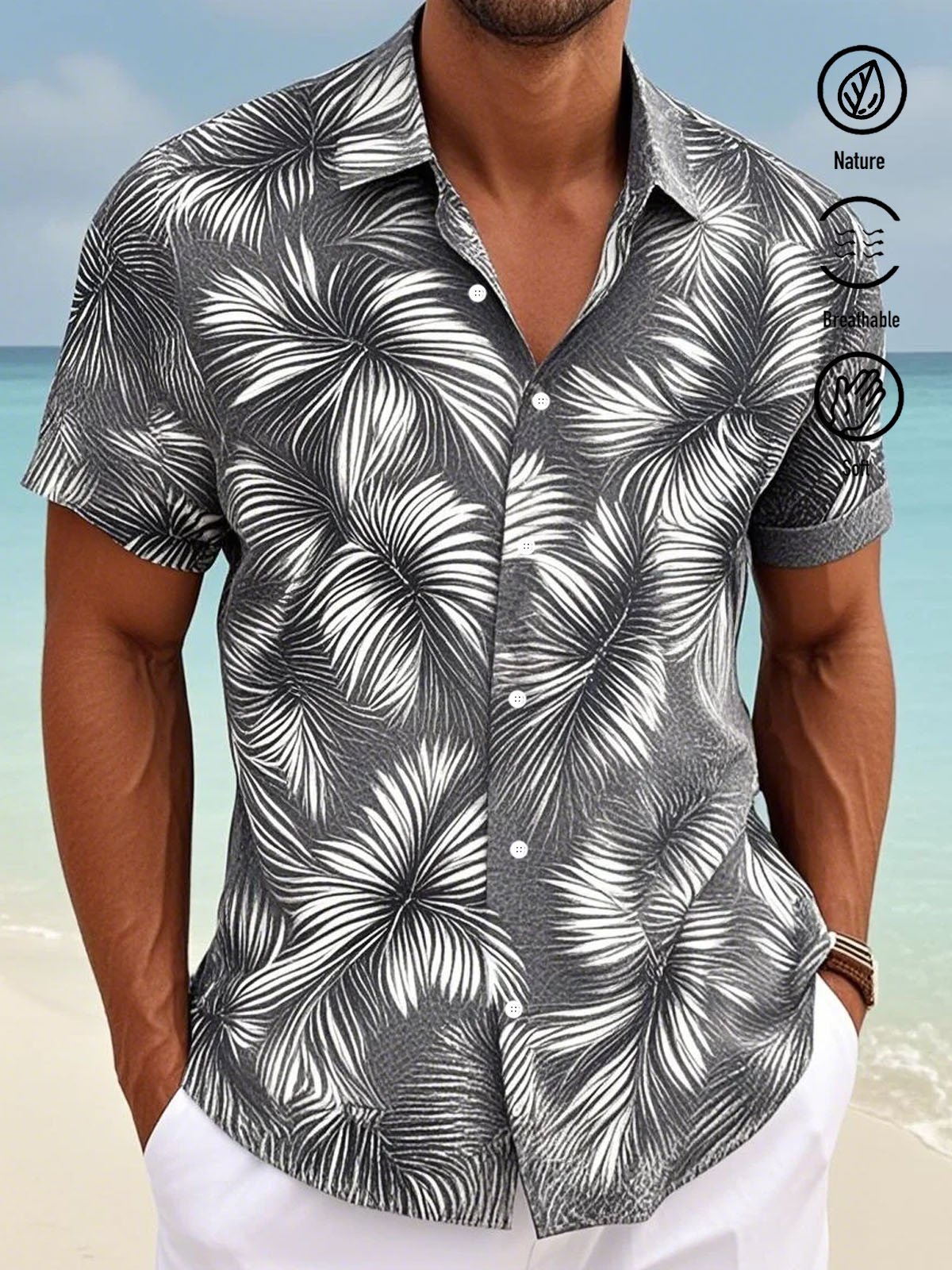 Royaura® Bamboo Hemp Palm Tree Plant Leaf Print Men's Button Pocket Short Sleeve Shirt Big & Tall