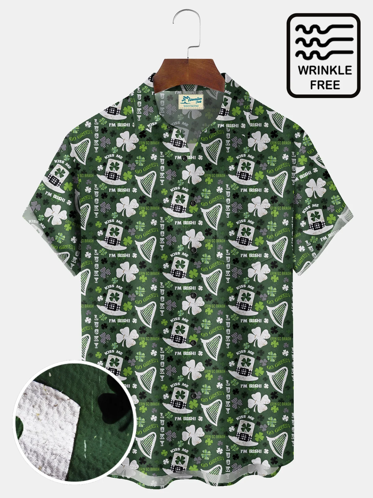 Royaura® St. Patrick's Day Lucky Shamrock Harp Hat Print Men's Wrinkle Free Seersucker Stretch Hawaiian Holiday Shirt Costumes Outfits Big Tall