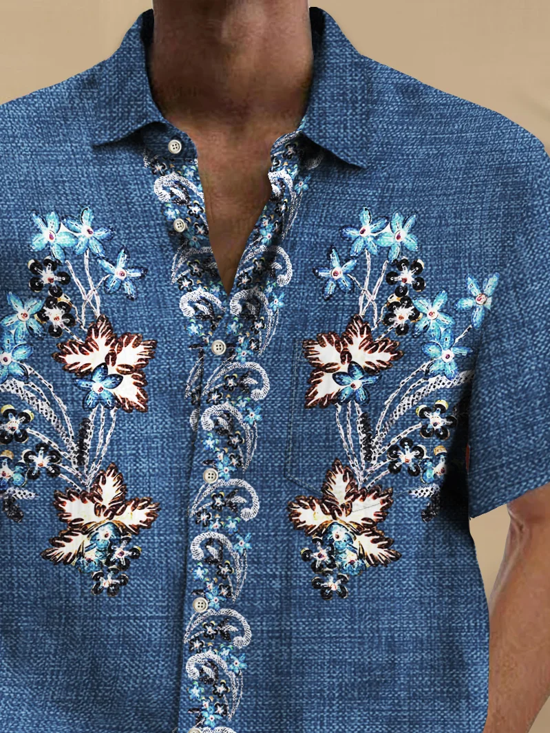 Royaura® Vintage Flowers Print Chest Pocket Cotton Linen Hawaiian Shirt Big Tall