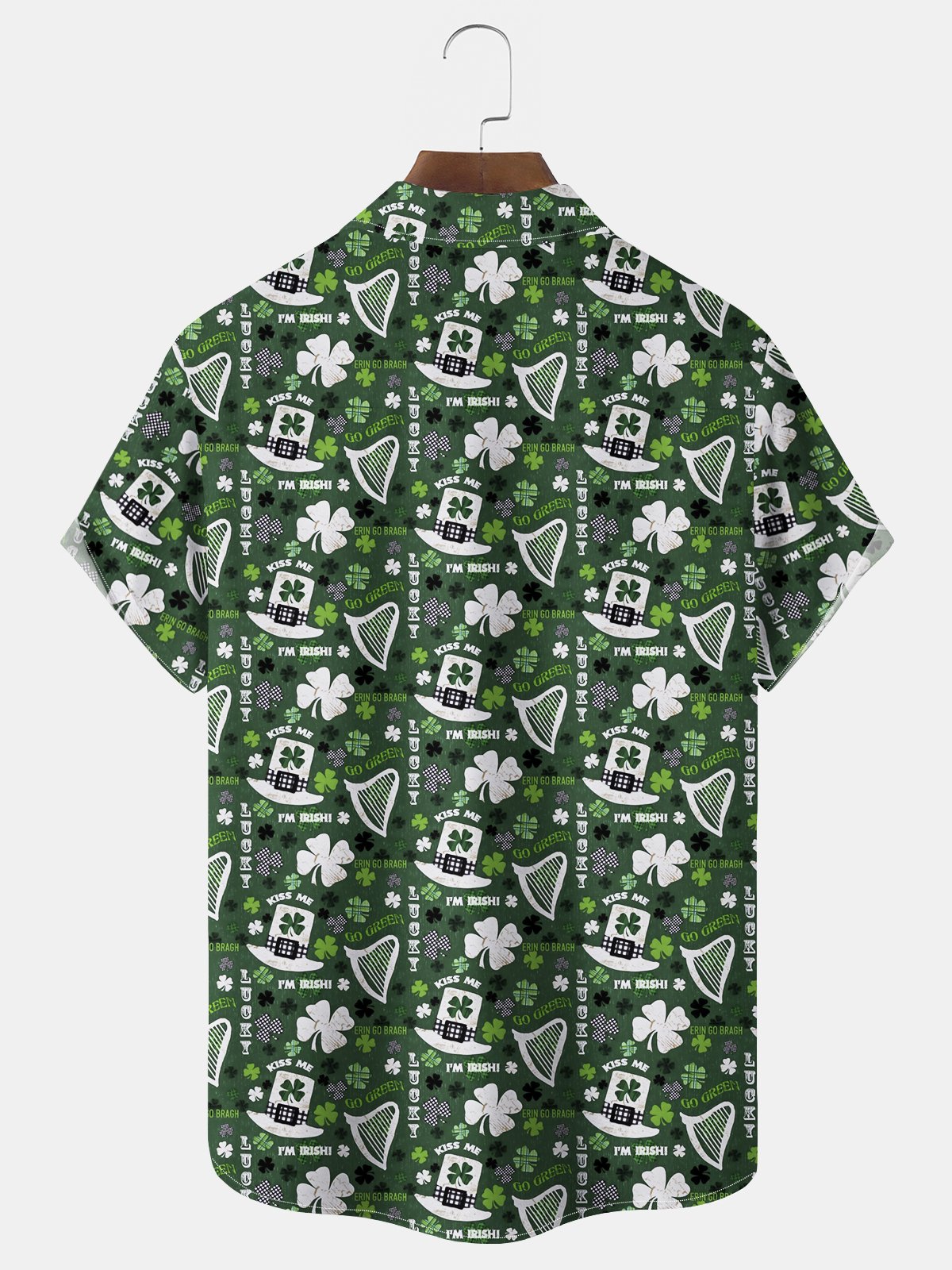 Royaura® St. Patrick's Day Lucky Shamrock Harp Hat Print Men's Wrinkle Free Seersucker Stretch Hawaiian Holiday Shirt Costumes Outfits Big Tall