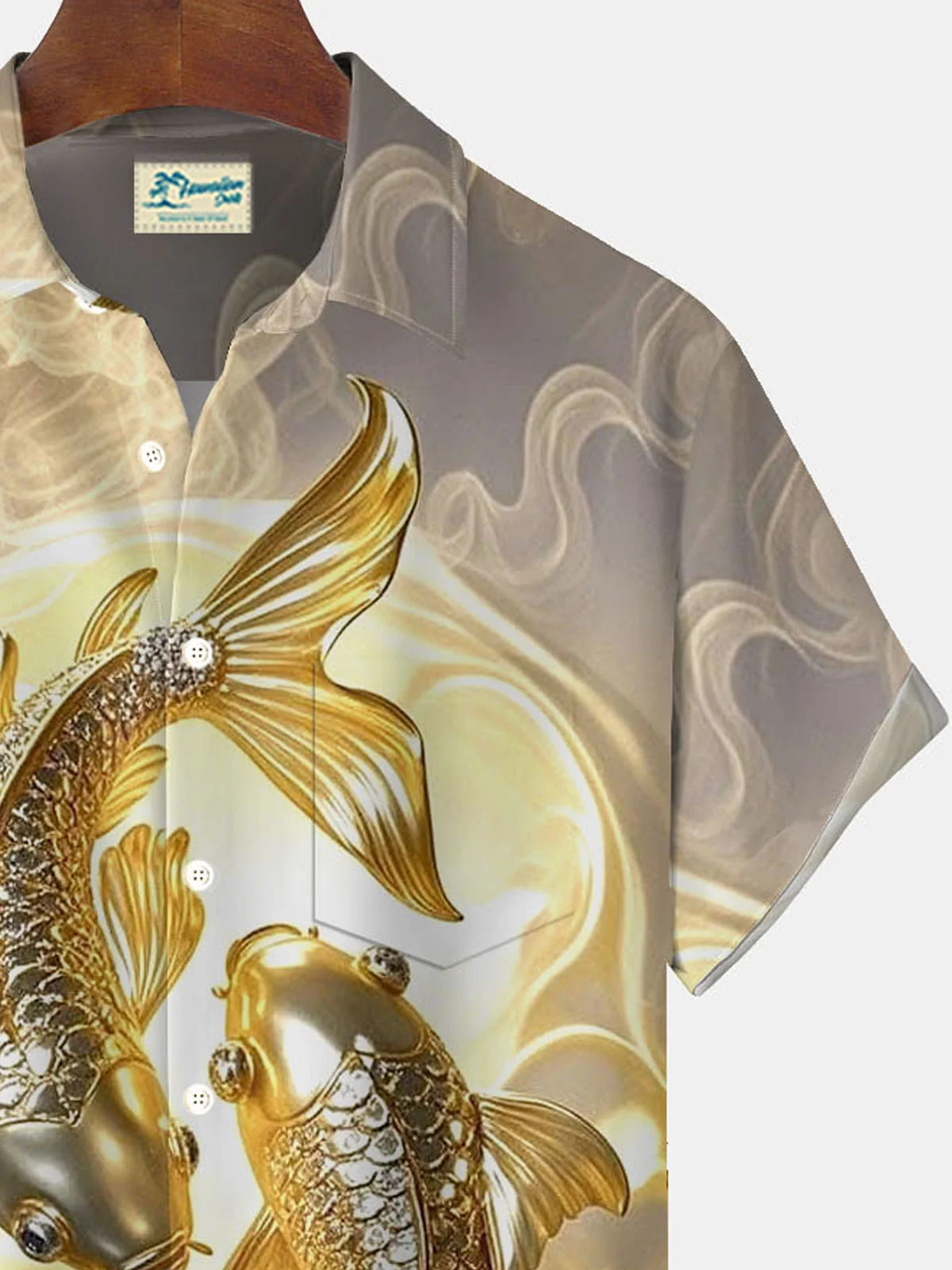 Royaura® Retro Gold AI Koi Print Men's Button Pocket Short Sleeve Shirt Big & Tall