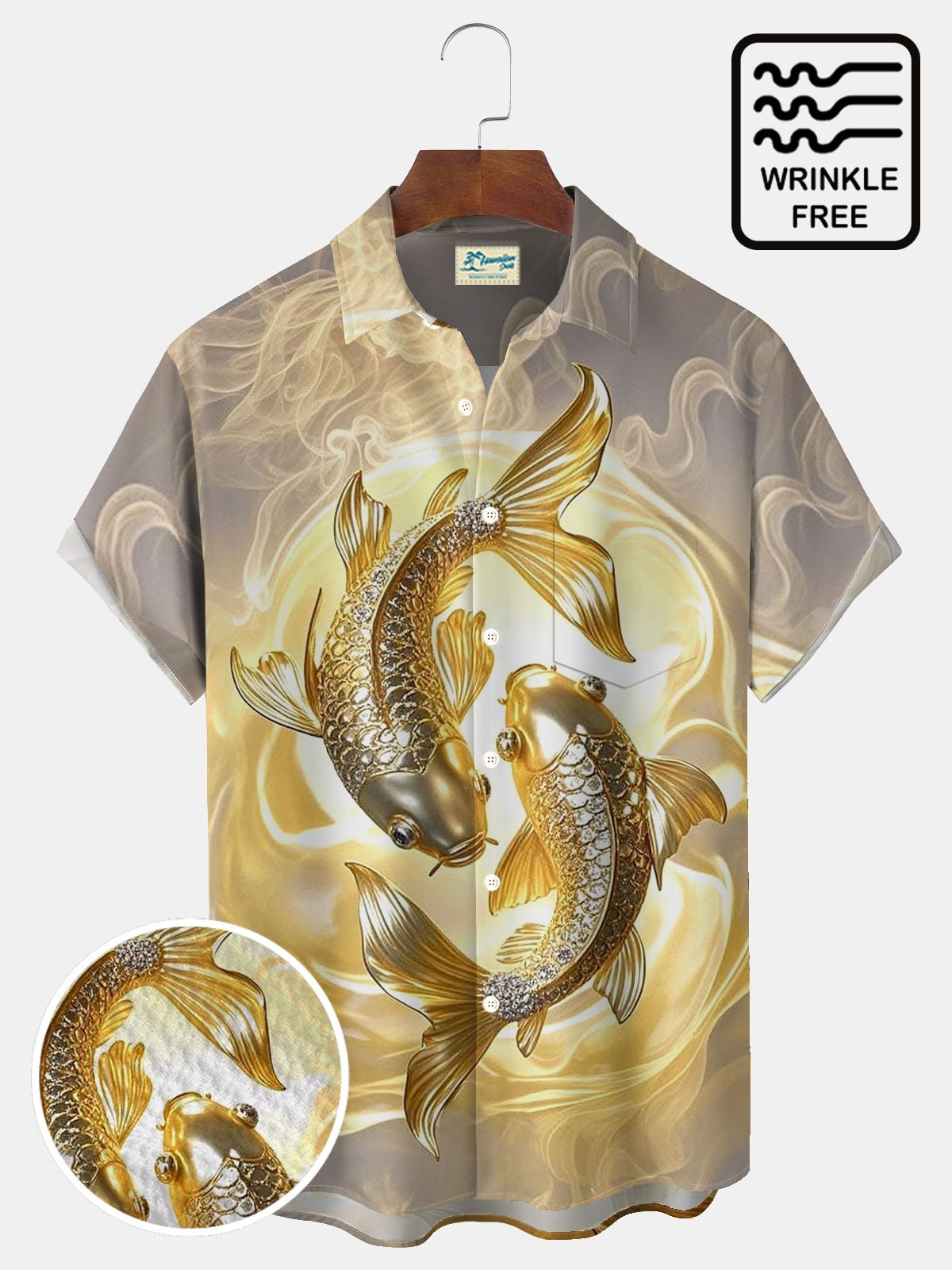 Royaura® Retro Gold AI Koi Print Men's Button Pocket Short Sleeve Shirt Big & Tall