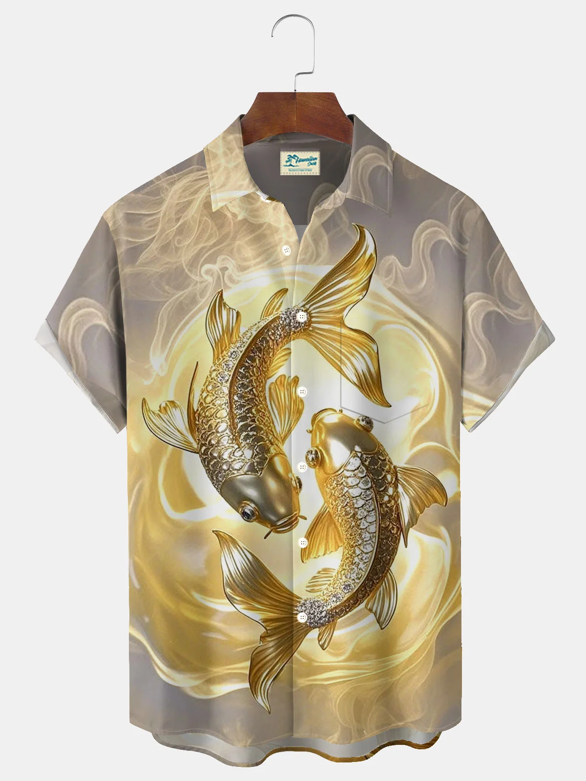 Royaura® Retro Gold AI Koi Print Men's Button Pocket Short Sleeve Shirt Big & Tall