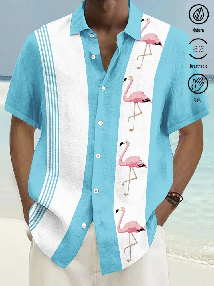 Royaura® Cotton Linen Flamingo Stripe Contrast Color Print Men's Button Pocket Short Sleeve Shirt Big & Tall