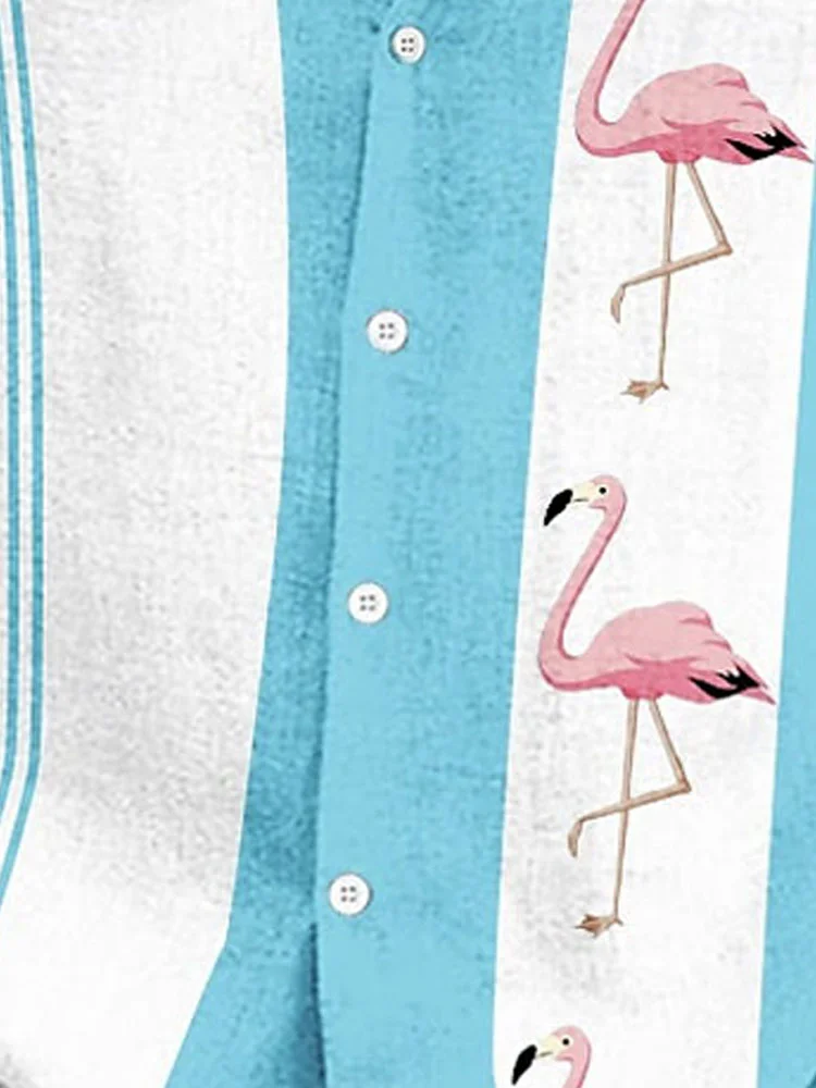 Royaura® Cotton Linen Flamingo Stripe Contrast Color Print Men's Button Pocket Short Sleeve Shirt Big & Tall