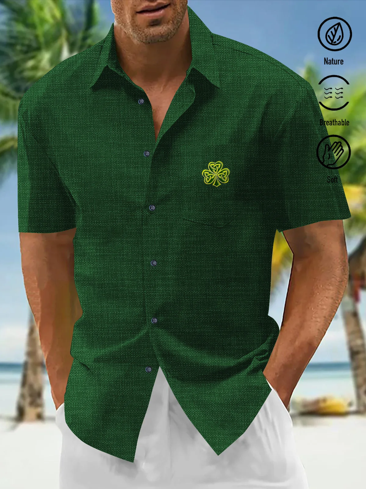 Royaura® St. Patrick's Day Lucky Celtic Knots Shamrock Print Men's Chest Pocket Cotton Linen Hawaiian Shirt Big Tall