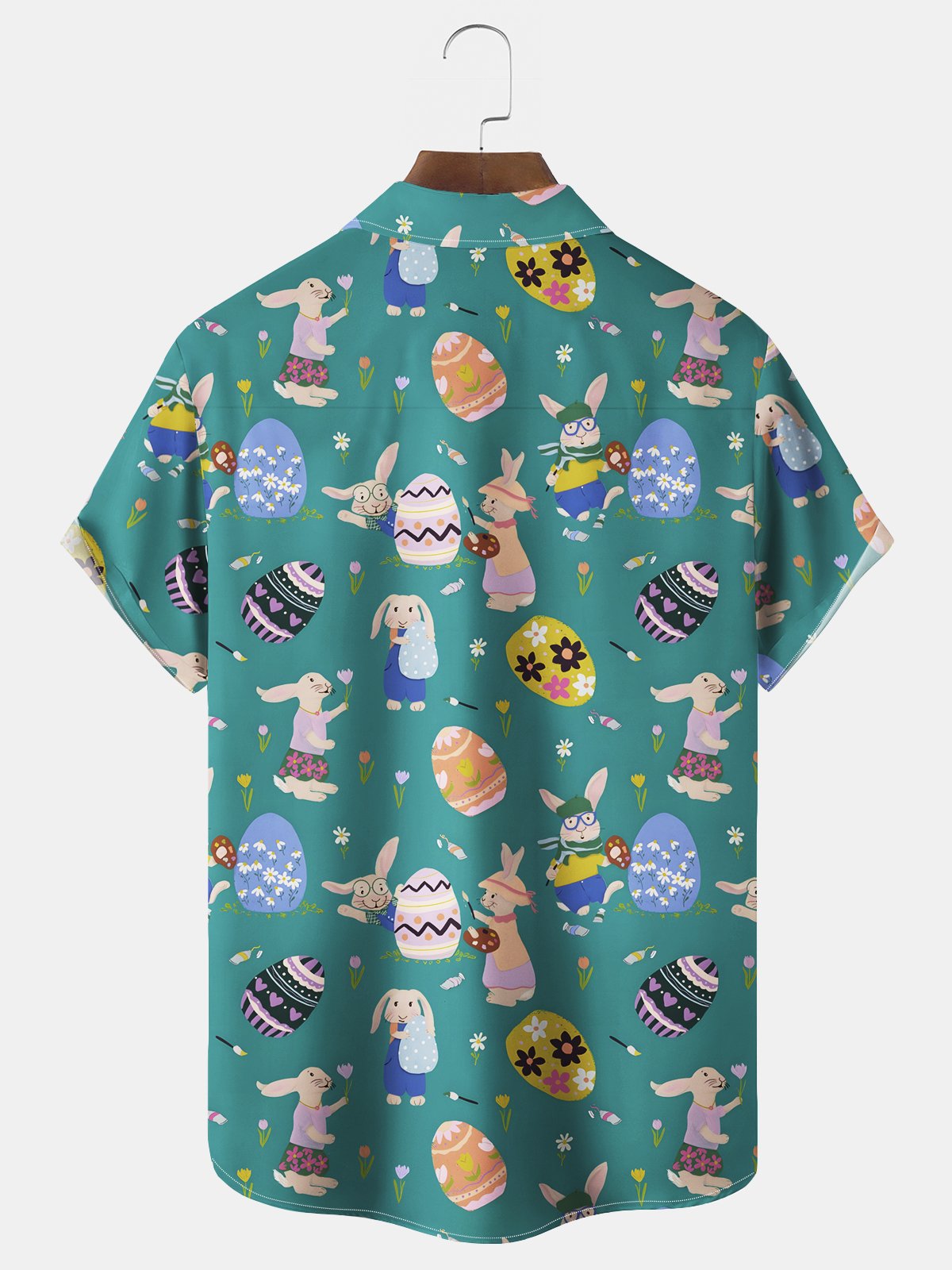 Royaura® Easter Rabbit Easter Egg Print Men's Wrinkle Free Seersucker Stretch Hawaiian Holiday Shirt Costumes Outfits Big Tall