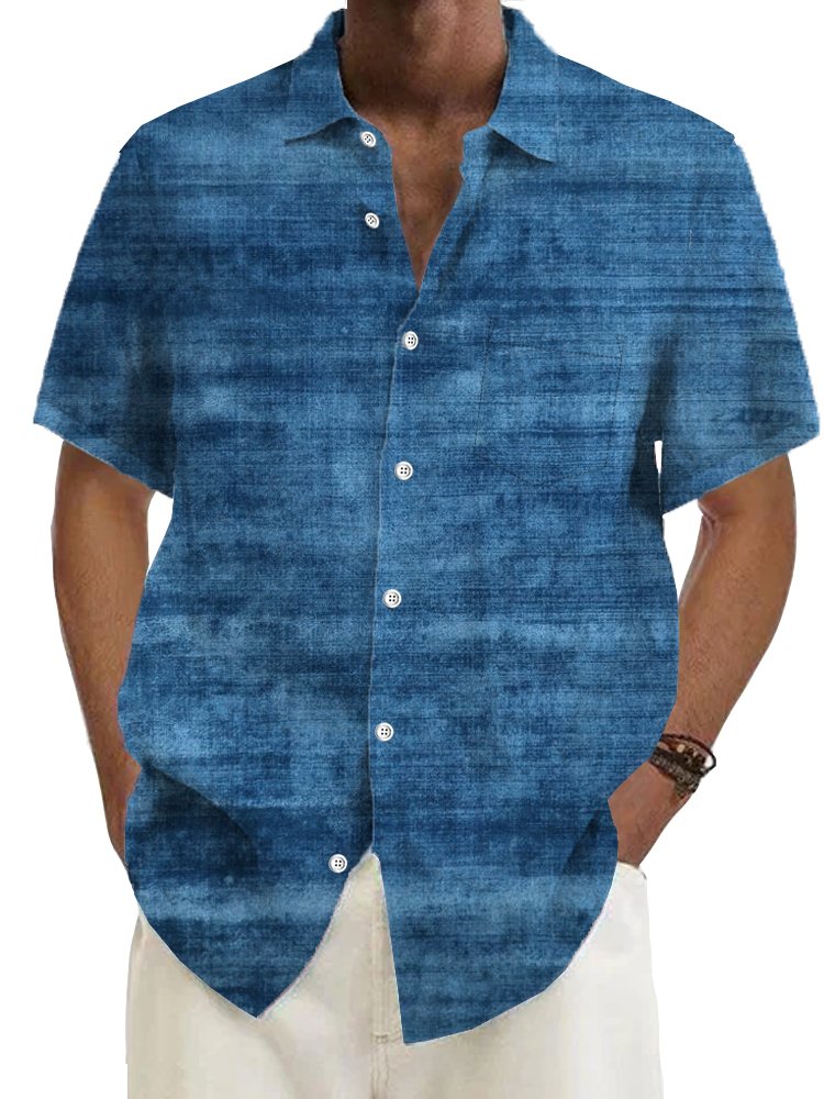 Royaura® Cotton Linen Gradient Washed Cotton Fried Snowflake Print Men's Button Pocket Short Sleeve Shirt Big & Tall