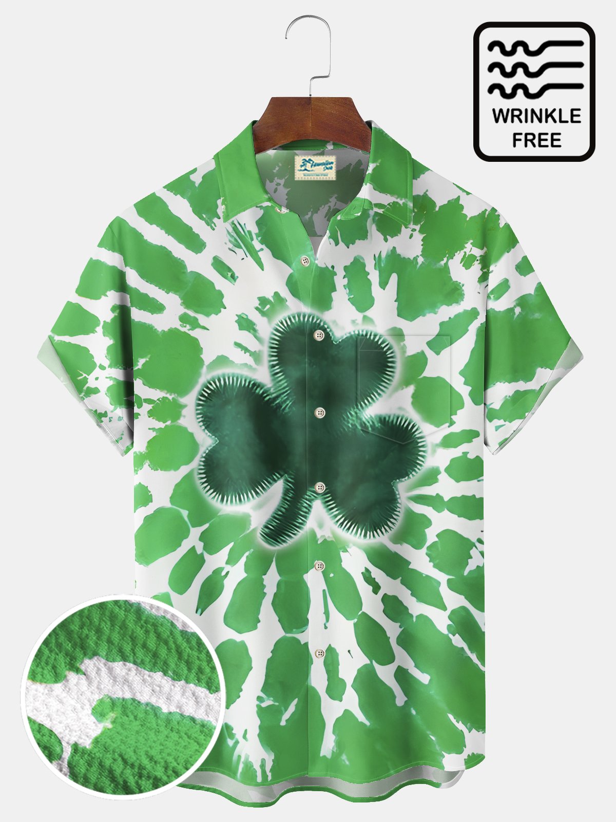 Royaura® St. Patrick's Day Lucky Shamrock Print Men's Wrinkle Free Seersucker Stretch Hawaiian Holiday Shirt Costumes Outfits Big Tall