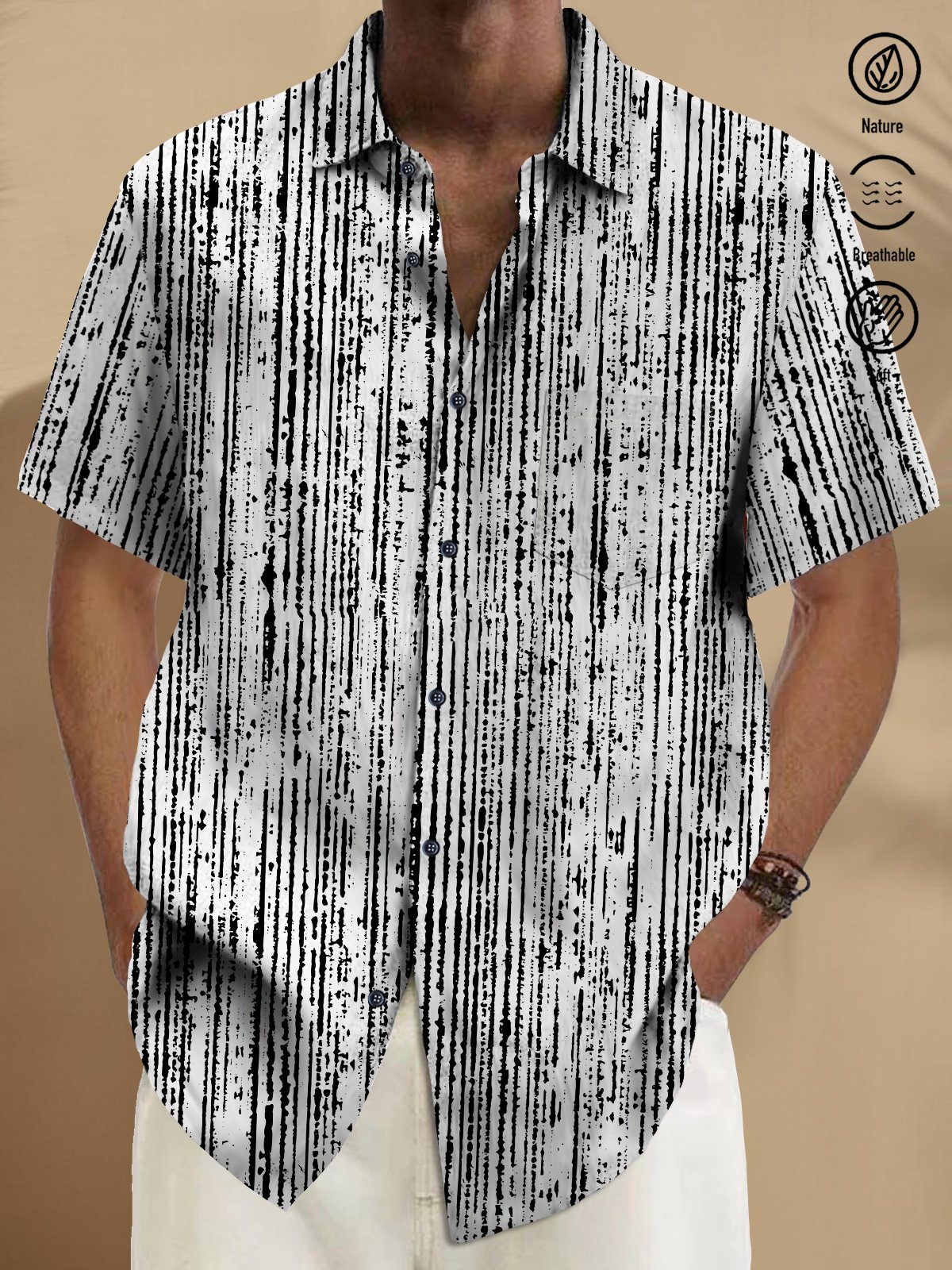 Royaura® Vintage Abstract Stripes Print Chest Pocket Cotton Linen Hawaiian Shirt Big Tall