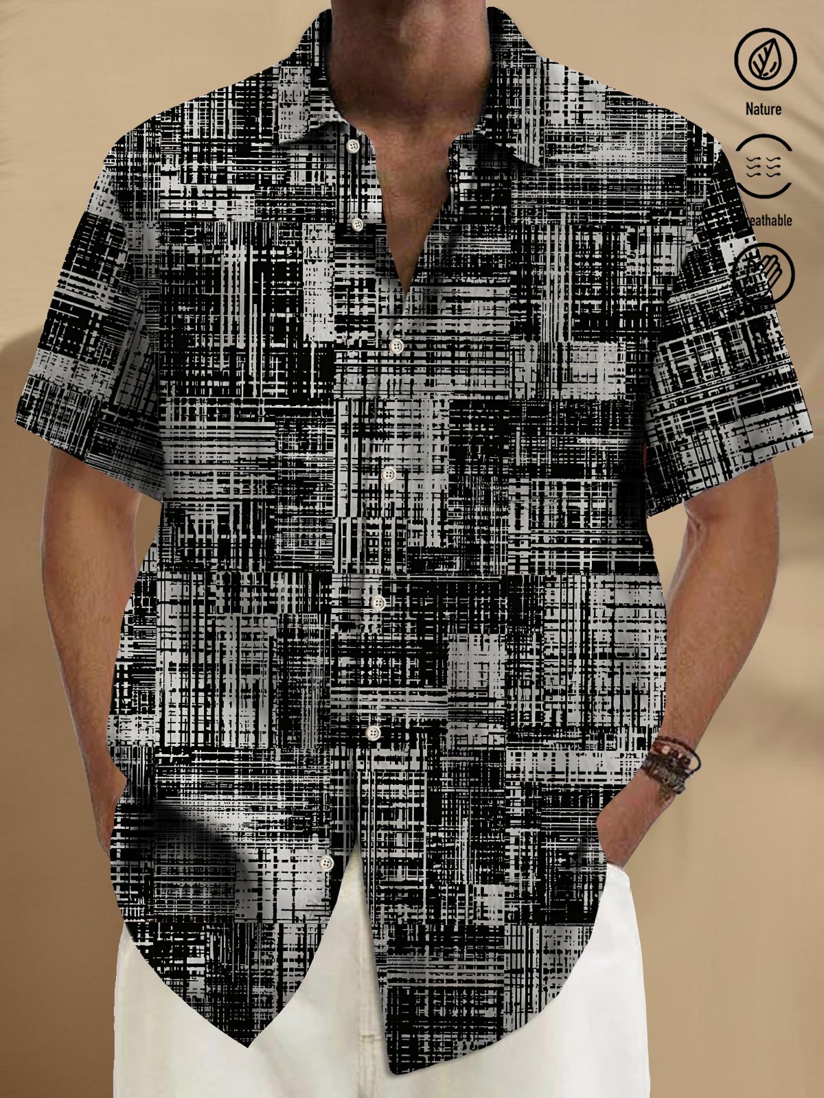 Royaura® Vintage Abstract Texture Print Chest Pocket Cotton Linen Hawaiian Shirt Big Tall