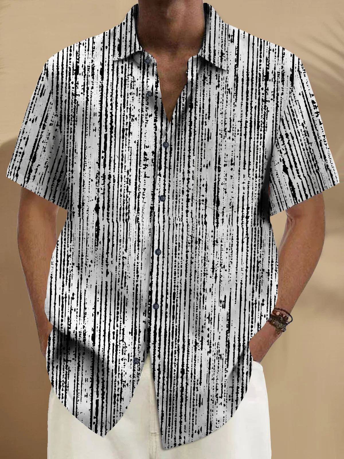 Royaura® Vintage Abstract Stripes Print Chest Pocket Cotton Linen Hawaiian Shirt Big Tall