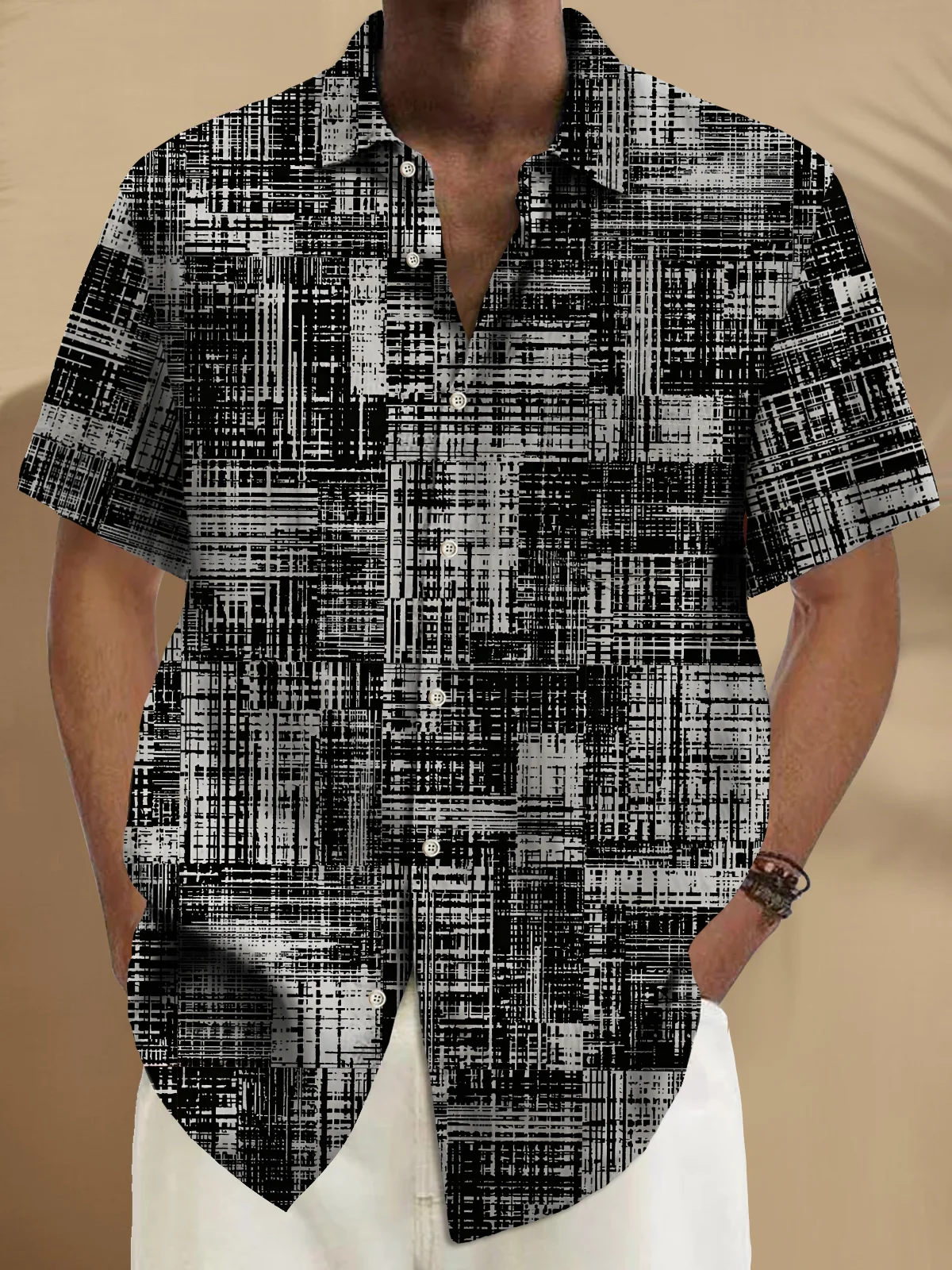 Royaura® Vintage Abstract Texture Print Chest Pocket Cotton Linen Hawaiian Shirt Big Tall