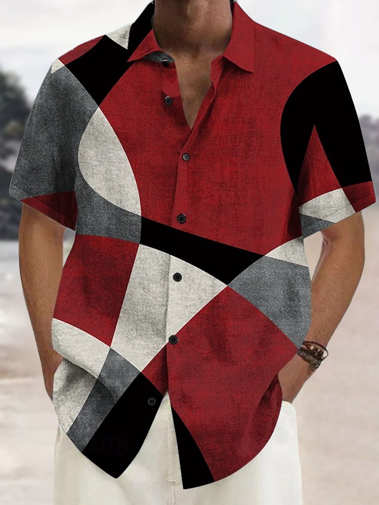 Royaura® Retro Geometric Color Block Carpet Graphic Print Men's Button Pocket Short Sleeve Shirt Big & Tall