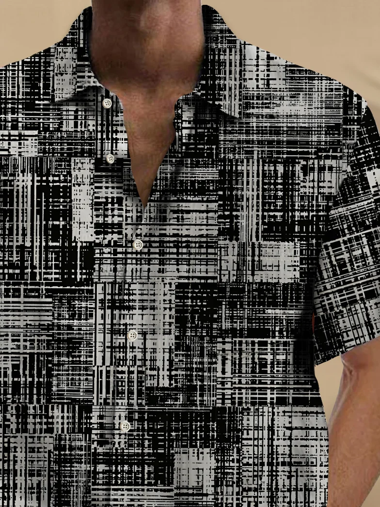 Royaura® Vintage Abstract Texture Print Chest Pocket Cotton Linen Hawaiian Shirt Big Tall