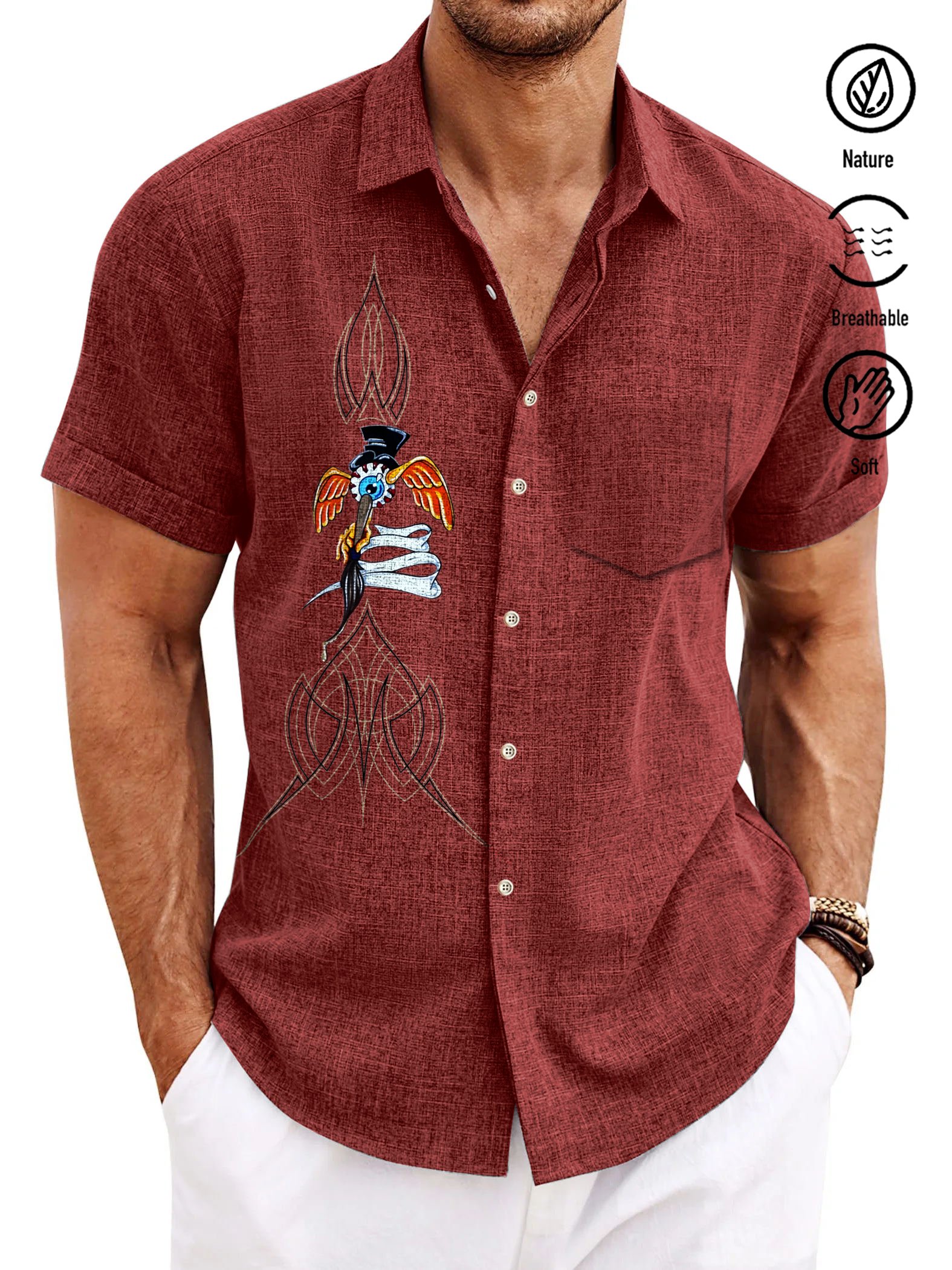 Royaura® Vintage Pinstripe Flying Eyeball Print Chest Pocket Elasticity Hawaiian Shirt Big Tall